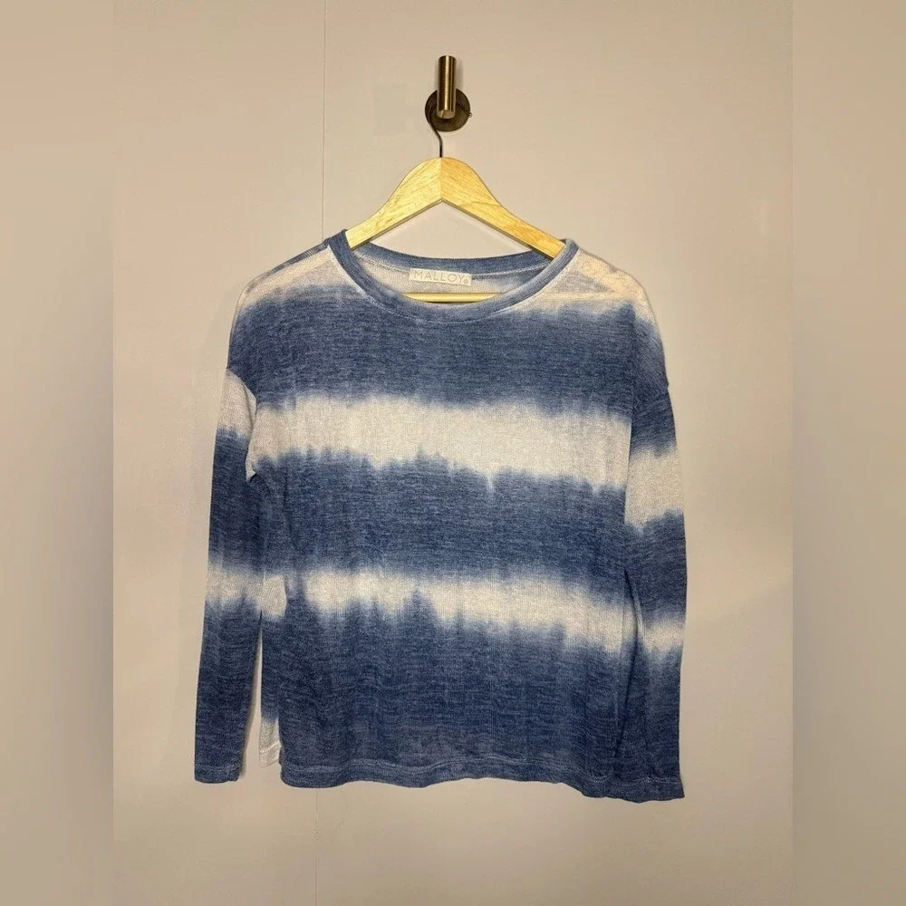 Blue White Tie Dye Lightweight‎ Sweater Coastal Casual Relaxed Knit Top